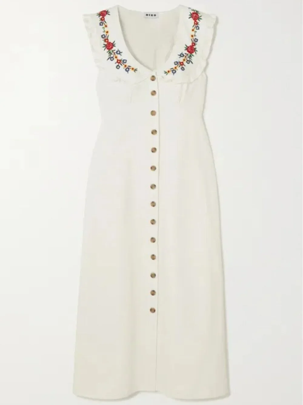 RIXO Nova Dress Midi Floral Embroidered Spread Collar Ecru Button front M - Picture 12 of 14